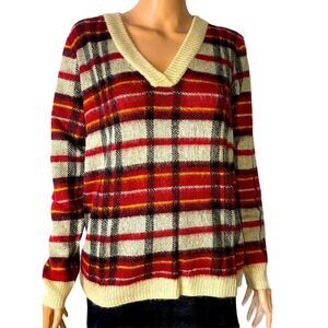 St. John's Bay sweater Women's V Neck Long Sleeve plaid red and gray top SZ MD